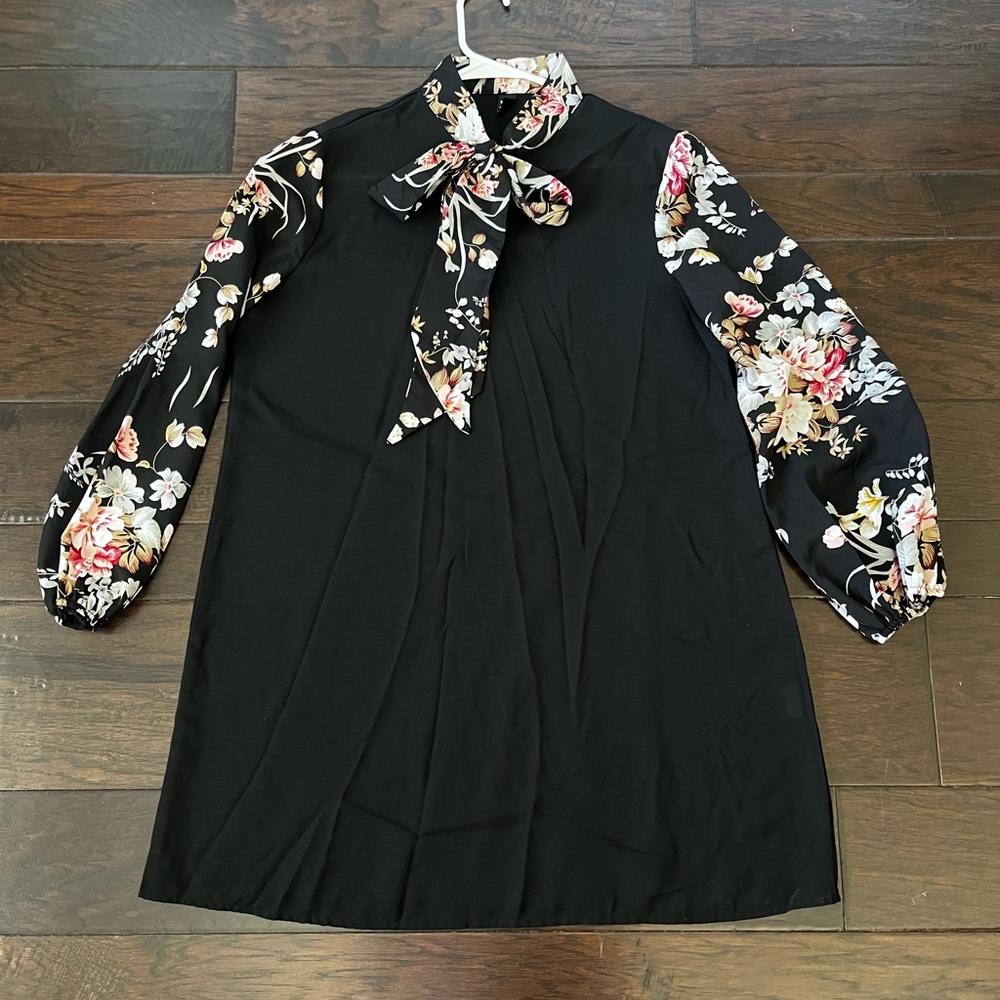 Shein Black Floral Tie Dress, Size L